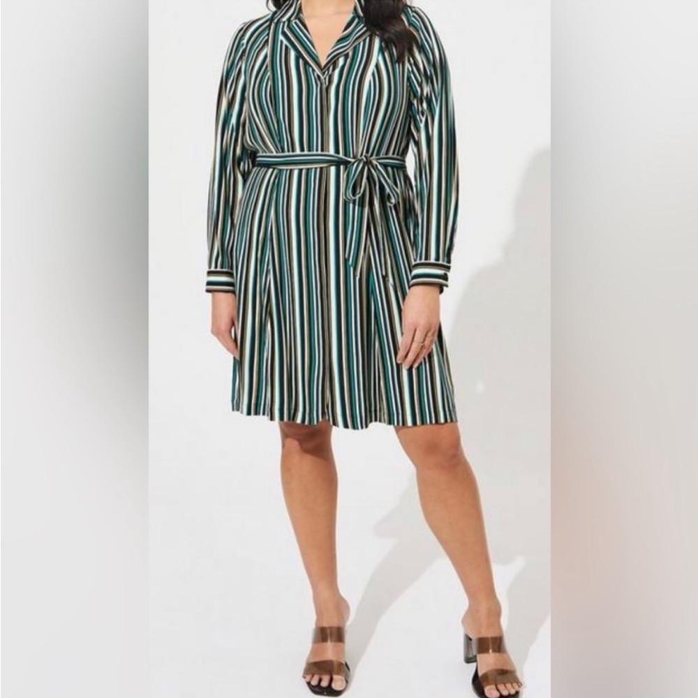 Torrid Black and Green Striped Wrap Belted Long Sleeve Mini Dress Size 3X
